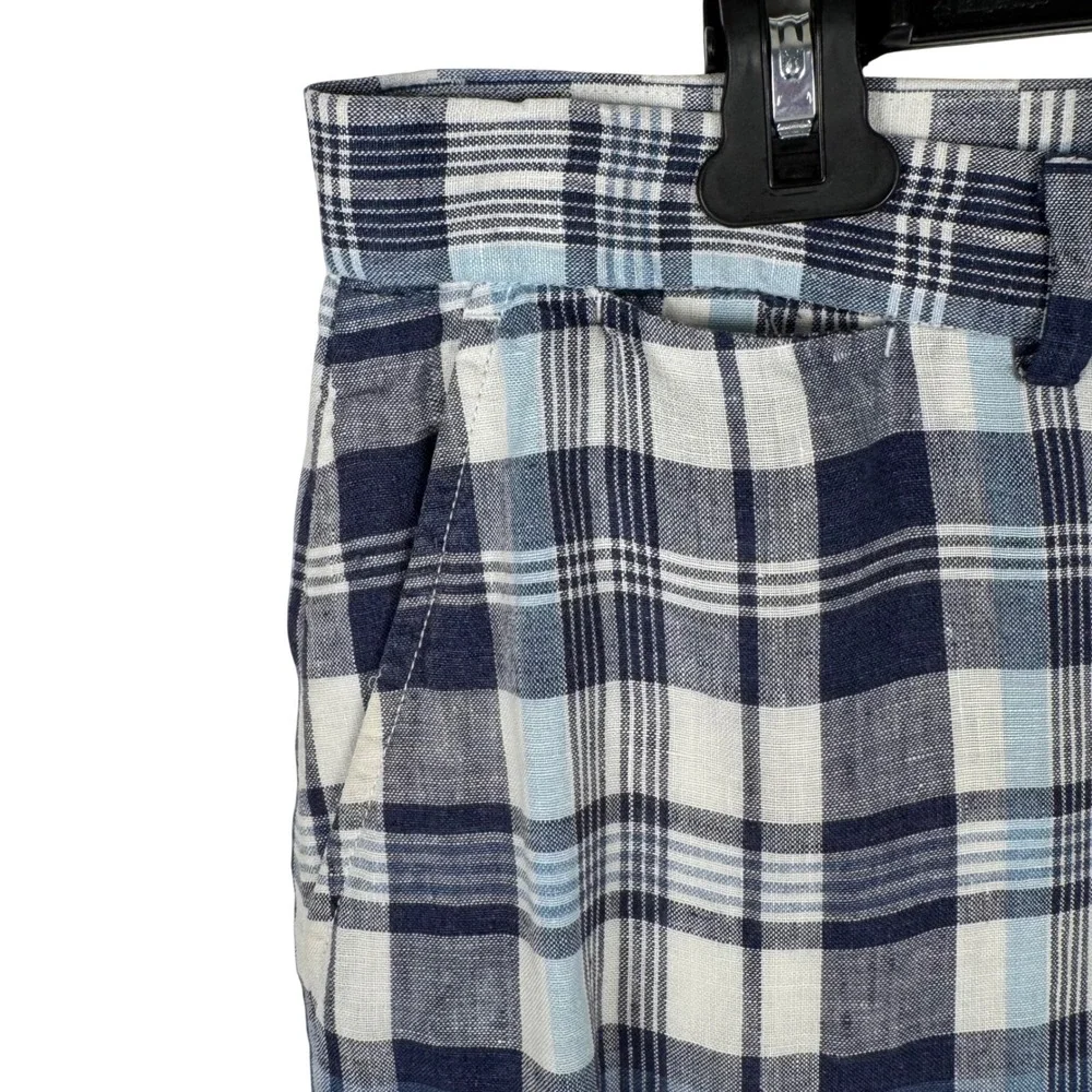 Polo Golf Ralph Lauren Plaid 100% Linen Shorts Mens 36W Blue White Flat Front 9